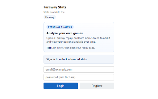 Faraway Stats :: Card statistics and personal game analysis for Faraway on Board Game Arena.