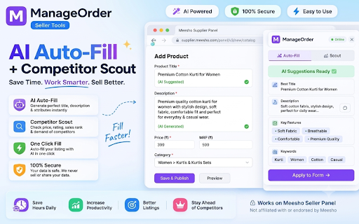 ManageOrder — Listing Auto-Fill & Product Research :: AI listing auto-fill, product & market research, photo sync & support-ticket helper for your online seller panel. By ManageOrder.in.