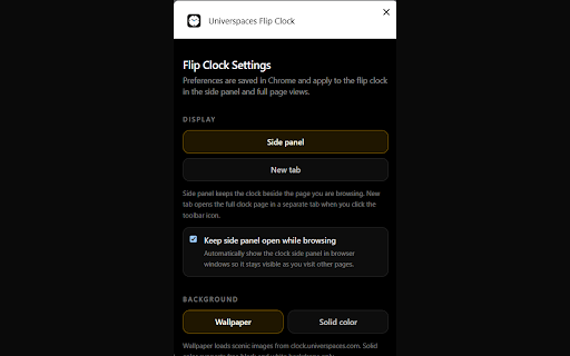 Universpaces Flip Clock :: A calm flip clock in Chrome's side panel with daily wallpapers and ambient music.