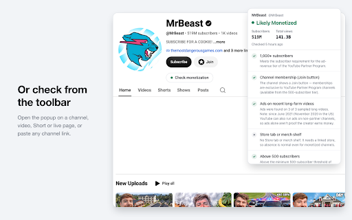 Monetization Checker for YouTube :: Check if a YouTube channel is monetized. One click on a channel or video, with the signals behind the verdict.