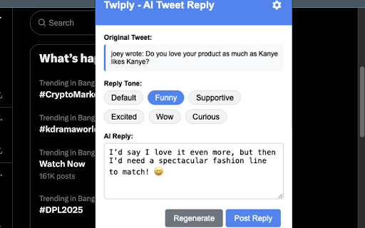 Twiply - AI Tweet Reply using Gemini/OpenAI API key :: Unlimited + 100% Free AI tweet reply. No third-party or Twitter API needed. Paste your free Gemini/OpenAi api key and start.