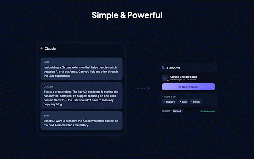 Handoff — AI Chat Context Transfer :: Seamlessly transfer AI chat contexts between ChatGPT, Claude, Grok, and Gemini with one click.