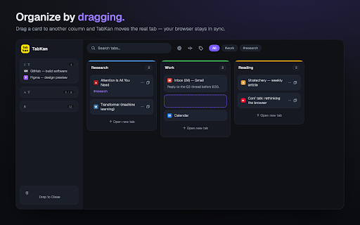 TabKan :: Organize your Chrome tabs and tab groups as a visual Kanban board - with notes, tags, to-dos, saved sessions, and a side panel.