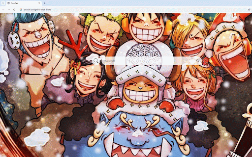 One Piece Christmas Live Wallpaper :: One Piece characters celebrate Christmas with joyful expressions and festive decorations amid falling snow.