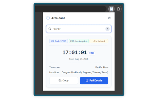 Area Zone :: Instant inline US timezone and local time lookup by 3-digit Area Code or 5-digit ZIP Code.