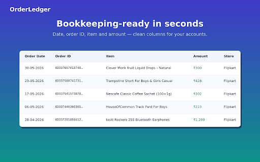 OrderLedger — Flipkart Orders → CSV (Local) :: Export your own Flipkart order history to a clean CSV for bookkeeping & expenses. 100% local — your data never leaves your browser.