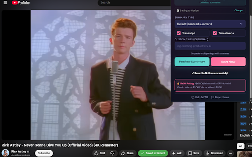 TubeNotes - YouTube Summaries :: AI-powered YouTube summaries saved to Notion, Capacities, Readwise & more. 10 free/month.