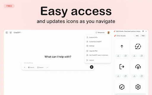 SVG Studio: Download icons instantly :: Finds vectors on websites, displays them in a sidebar, and allows copying or downloading with unique filenames.