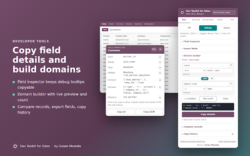Dev Toolkit for Odoo :: Odoo developer toolkit: debug switcher, field inspector, domain builder, record compare, barcodes, screenshots, recording.
