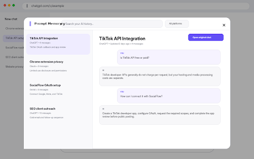 Prompt Memory :: Recall complete ChatGPT, Gemini, and Claude conversations while you type—stored locally and shown above the chat box.