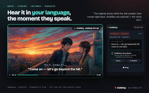 DubMog — Live Video Translator & Dubbing :: Dub any video into your language as it plays. Free Standard mode on your computer, Pro Live for a real voice in 80+ languages.