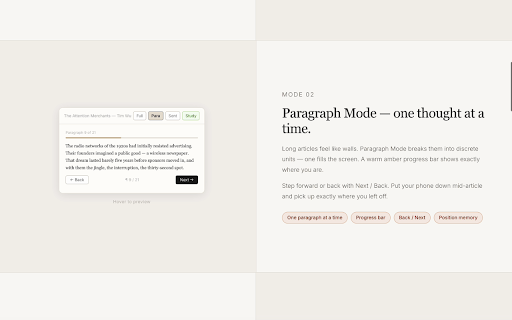 Liminal Reader :: A distraction-free reading extension with customizable modes for better focus.