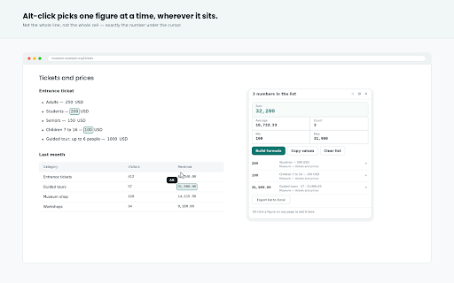 Sum Up — Select Numbers to Add Them :: Sum, average and count for any numbers you select. Collect prices across pages, then export the formula to Excel.