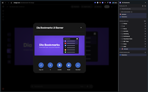 Dia Bookmarks :: Bookmarks sidebar for Dia: search, drag & drop, peek windows — and jump to already-open tabs instead of opening duplicates.