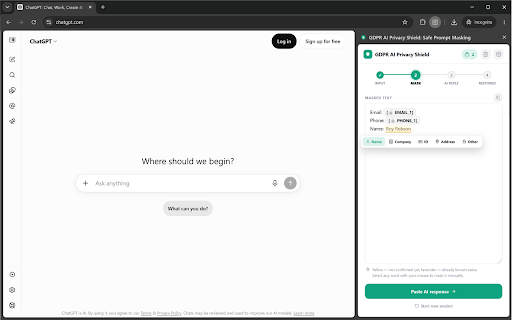 ChatDataMask: Data Leak Prevention for ChatGPT & Claude (GDPR) :: Local PII masking via tokenization: redact client names, contracts & financial details before ChatGPT or Claude see them