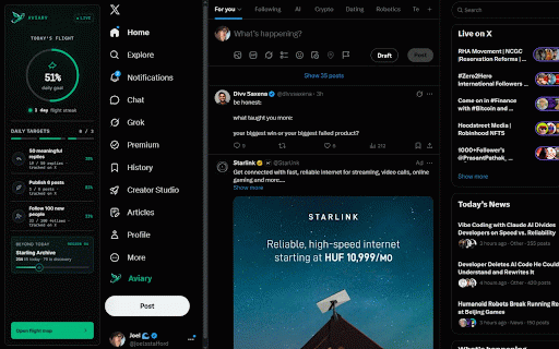 Aviary · Gamify your X journey :: Turn your real X analytics and creator rewards journey into a visible daily flight.