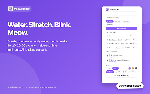 Meowminder — Cute Cat Reminders :: A little cat peeks in from the side of your screen with your reminder. Water breaks, routines, one-time reminders. 100% local.
