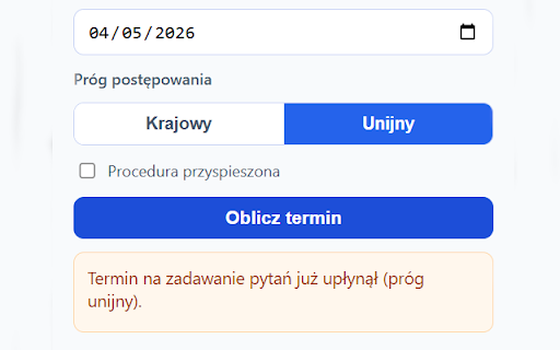 Kalkulator terminu zadawania pytań PZP :: Oblicz ostatni dzień na złożenie pytań do zamawiającego zgodnie z ustawą PZP. Narzędzie dla wyszukiwarki ZnajdzPrzetargi.pl