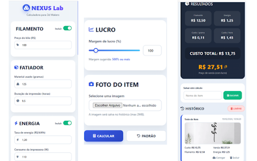 Nexus 3D Calculator :: Calculadora de custos para impressão 3D com histórico e fotos