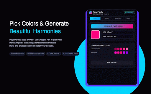 PagePalette: CSS Style & Color Inspector :: Extract color schemes and inspect CSS typography, fonts, and styles from any webpage with a clean designer-focused panel.