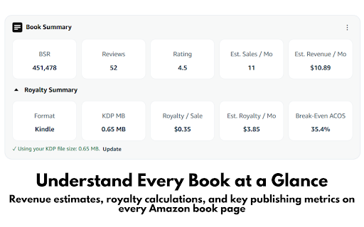 BookHQ Summary :: Instant book, sales, and royalty summaries for KDP publishers on Amazon book pages.