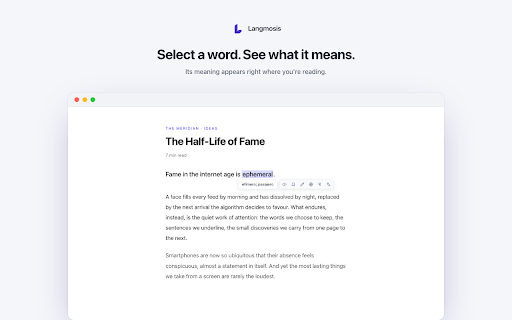 Langmosis :: Select a word as you read, translate it on your device, and save it with its sentence and source to your own vocabulary list.