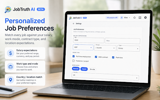 JobTruth AI :: Open any job listing and get instant AI analysis based on your CV: fit score, red flags, salary match and improvement tips.