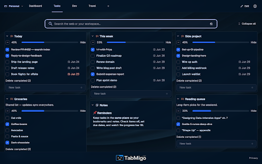 TabMigo — Visual Bookmark Manager & New Tab :: Visual bookmark manager & custom new tab. Save any tab in one click; organize bookmarks, notes & to-dos on tiled workspace boards.