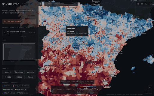 WikiBarrio — Analiza este piso :: En un anuncio de Idealista o Fotocasa, pulsa el icono y recibe el informe del barrio: renta, edad, origen, empleo y servicios.