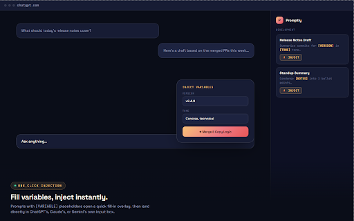 Promptly: Professional AI prompt management suite! :: Professional AI prompt manager & library for ChatGPT, Claude, and Gemini. Govern AI workflows with variables and cloud sync.