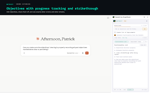NoteKit by SnapShotz :: A persistent notepad and objectives checklist at the browser level. Stays open across every tab. Local, no account.