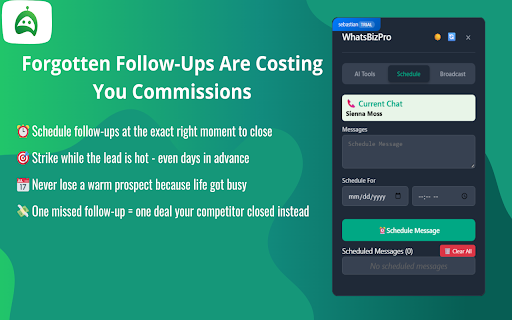 WhatsBizPro :: Enhance WhatsApp Web with business features like broadcast messaging, AI writing assistant, and message scheduling.