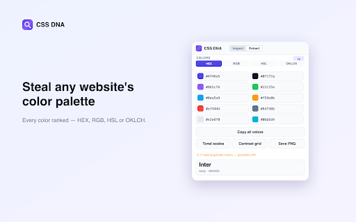 CSS DNA — Inspect CSS & Extract Design Tokens :: Inspect any element's CSS and extract a site's colors, fonts & design tokens — export to Tailwind, CSS, JSON, Figma & more.
