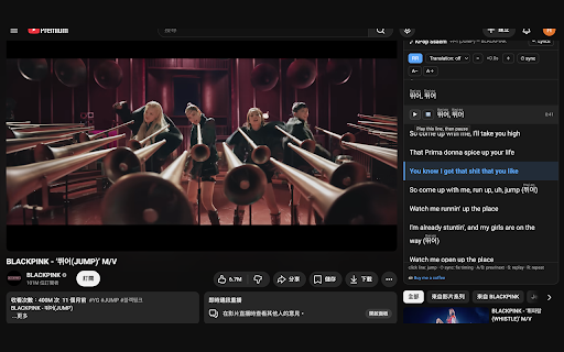 KPop Ssaem — Learn Korean with K-pop :: Learn Korean through music: synced lyrics with romaja, translations, and line-by-line repeat, beside the songs you watch.