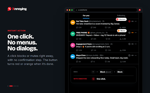 Xnnoying: One-Click Block & Mute on X/Twitter :: Make X/Twitter less annoying. Block and mute in one click. Restore previous Timeline states.