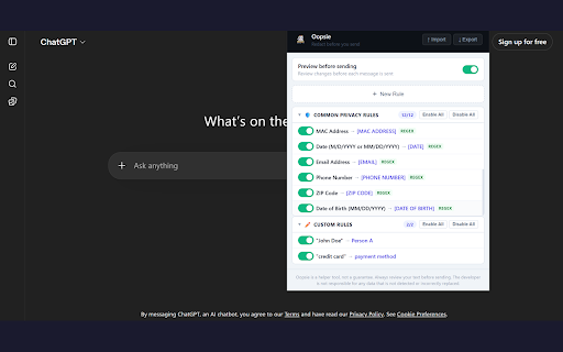 Oopsie - AI Privacy Guard :: Automatically redact emails, phone numbers, SSNs, and sensitive data before sending to ChatGPT, Claude, Gemini, and Perplexity.