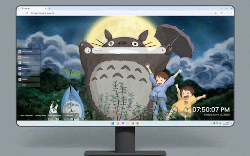 My Neighbor Totoro Live Wallpaper :: Totoro with Satsuki and Mei under full moon with umbrella and blue mini Totoro amid nighttime forest.