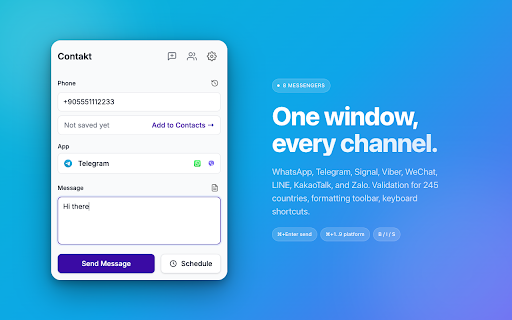 Contakt – Send a Message Without Saving the Number :: Message any number on WhatsApp, Telegram, Signal & 5 more apps without saving it. Detects numbers on web pages. Private, local.