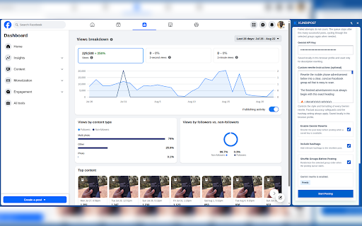 KundiPost – Facebook Groups & Marketplace Auto Poster :: Bulk post to Facebook Groups and Marketplace using reusable posts and listings, paced queues, optional AI rewriting, and cleanup.