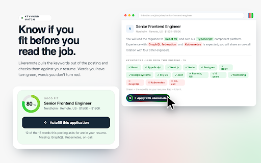 LikeRemote — Autofill Job Applications, Remote Jobs & Job Match :: Autofill job applications from your saved profile. Lever, Workable, Ashby, LinkedIn and more.