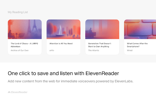 ElevenReader — Text Reader :: Read aloud any Google Doc, PDF, webpage, or book with text to speech (TTS). Natural sounding voices in 30+ languages & 130 voices.
