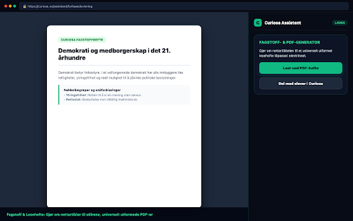 Curiosa Skoleassistent :: 1-klikks oppgavegenerator for lærere, samt universell lesestøtte og prøvesikkerhet for elever i Curiosa.