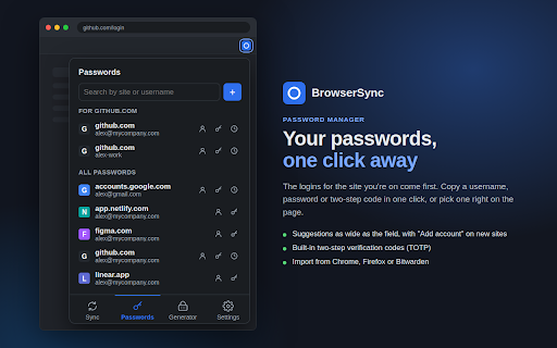 BrowserSync - Self-Hosted :: Sync bookmarks, history and passwords between your devices through your own server, end-to-end encrypted.
