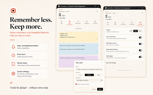 Focus-Productive Task Management :: Deep Work Mode productivity tool — blocks distractions, focus timer, task manager, sticky notes & new-tab dashboard. By Odleans.com