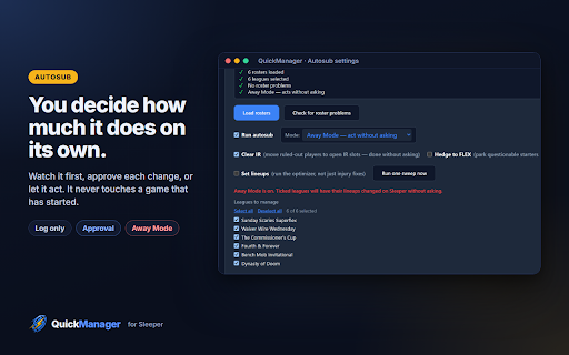 QuickManager: Fantasy for Sleeper :: Manage every Sleeper fantasy football league at once: autosub, lineup optimizer, live scoreboard, waivers, trades, power rankings.