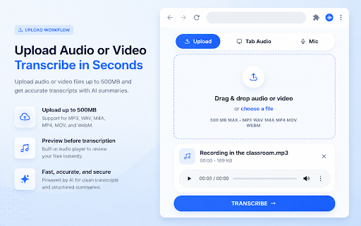 Audio to Text Converter: Transcribe & AI Summary :: Transcribe audio/video up to 500MB, paste media links, record tab or mic audio, and get transcripts with AI summaries.