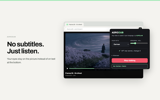ADRODUB :: Any video or audio in your language. Real-time AI dubbing of anything playing in Chrome. By ADROLAB.