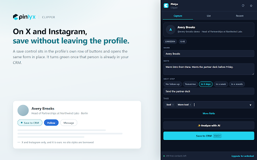Pinlyx Clipper - Save leads to CRM :: Save any LinkedIn, X, Instagram or GitHub profile, or any web page, to your CRM in one click. Notes, tags and pipeline.