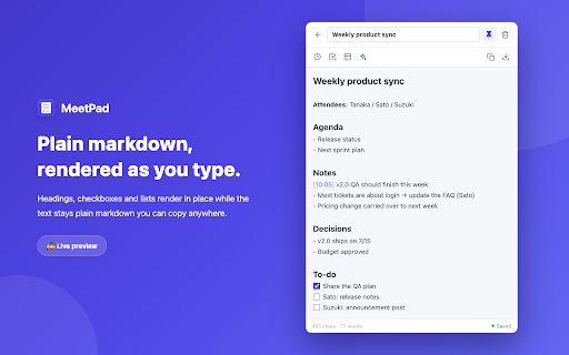 MeetPad — Meeting Notepad :: A fast, private side-panel scratchpad for web meetings. Jot notes, action items, and timestamps — saved locally, never uploaded.