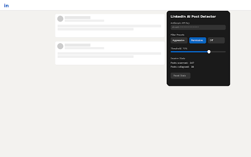 LinkedIn AI Post Detector :: Detects AI-generated posts in your LinkedIn feed using Claude Haiku scoring. BYOK.